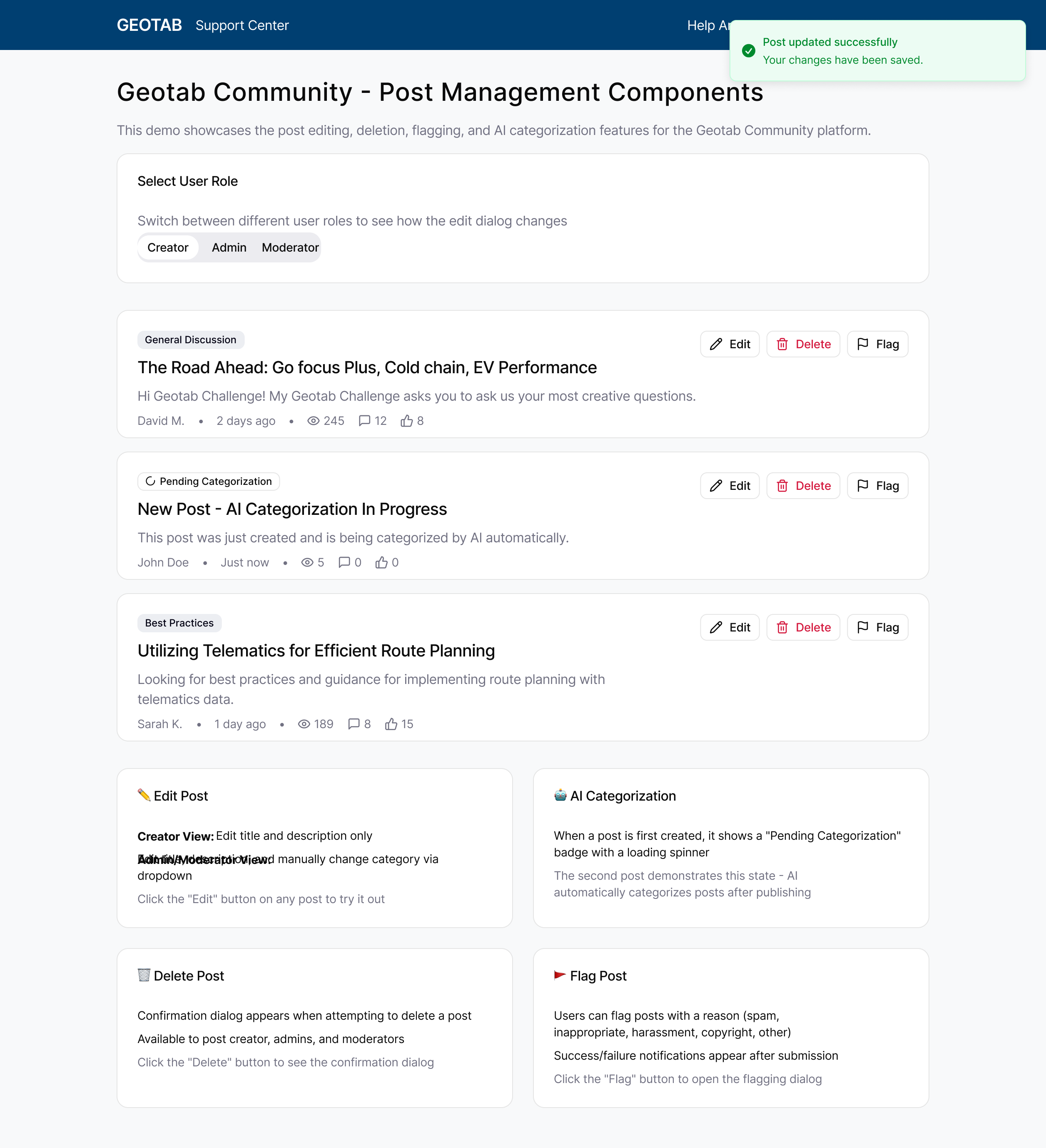 Post management system showing admin view with post list, pending categorization badge, edit and delete controls, and feature documentation cards