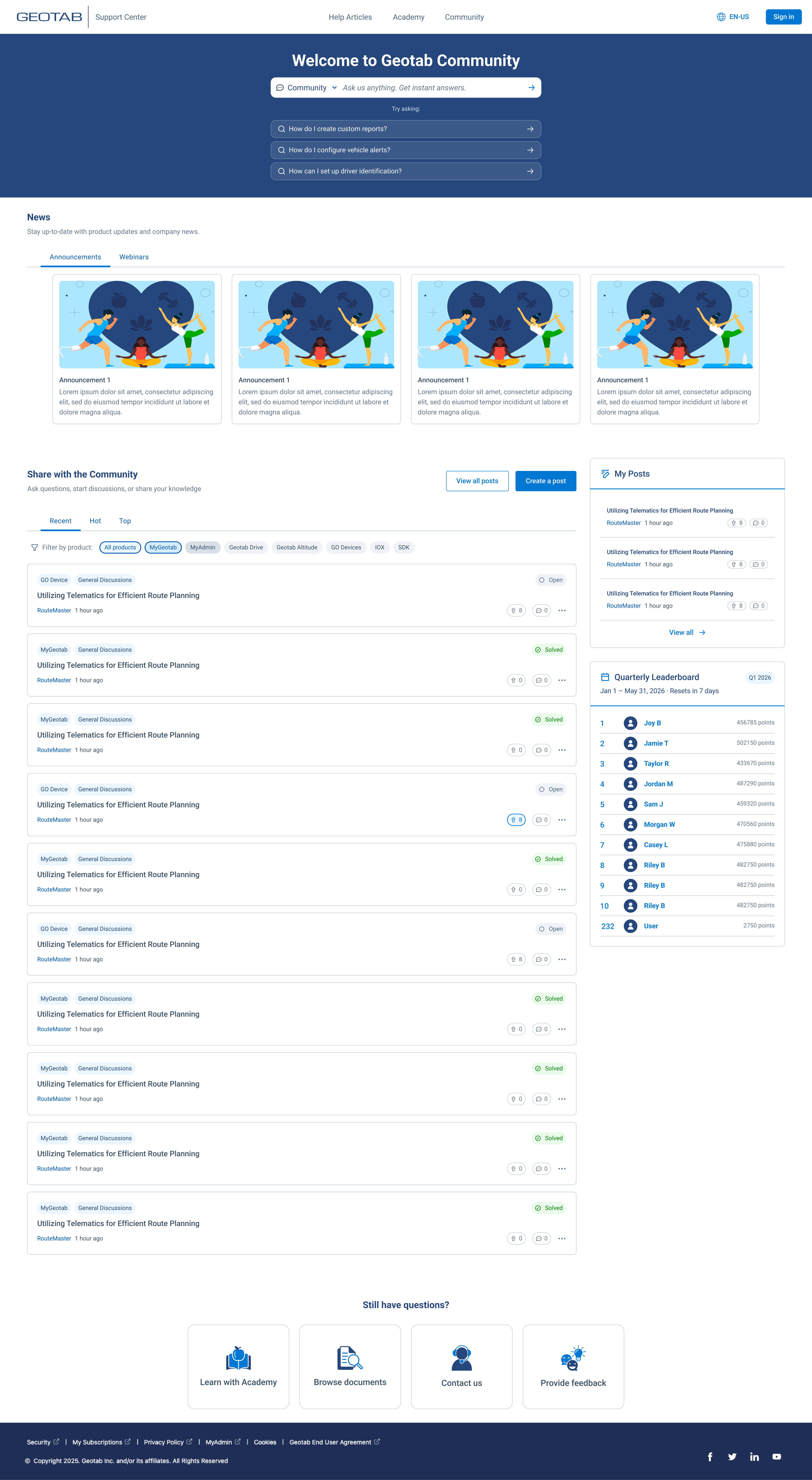 Geotab Community homepage — Ready for Dev — showing AI-powered scoped search, Announcements and Webinars section, product-filtered post feed with Open/Solved status, My Posts sidebar, and Quarterly Leaderboard