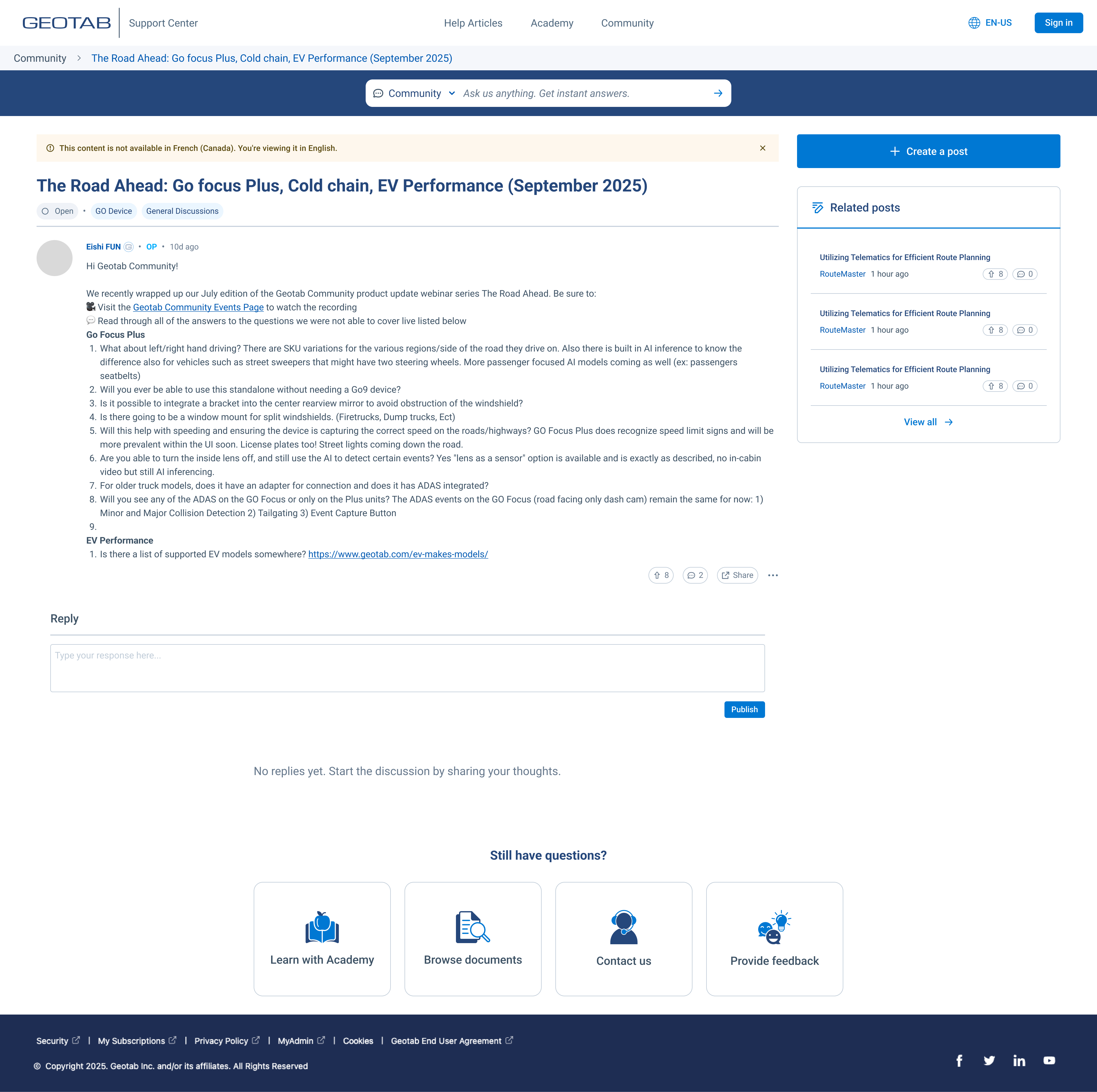 Individual post view showing OP badge on author, Open/Solved status indicator, GO Device and General Discussions category tags, and reply composition area