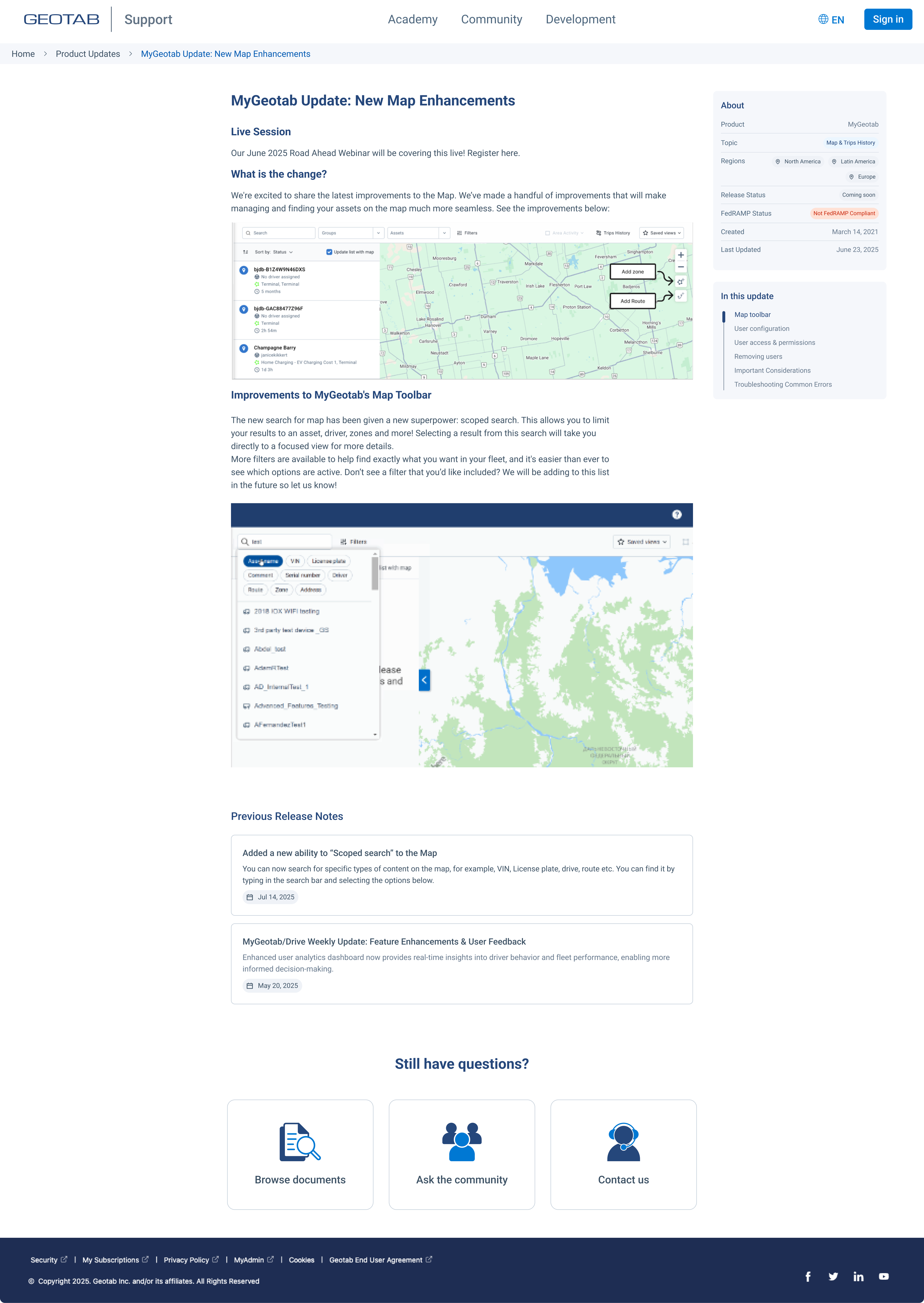 Individual product update page 'MyGeotab Update: New Map Enhancements' with right sidebar showing Product, Topic, Regions (North America, Latin America, Europe), Release Status (Coming soon), FedRAMP Status (Not FedRAMP Compliant), Created and Last Updated dates, and In this update section navigation
