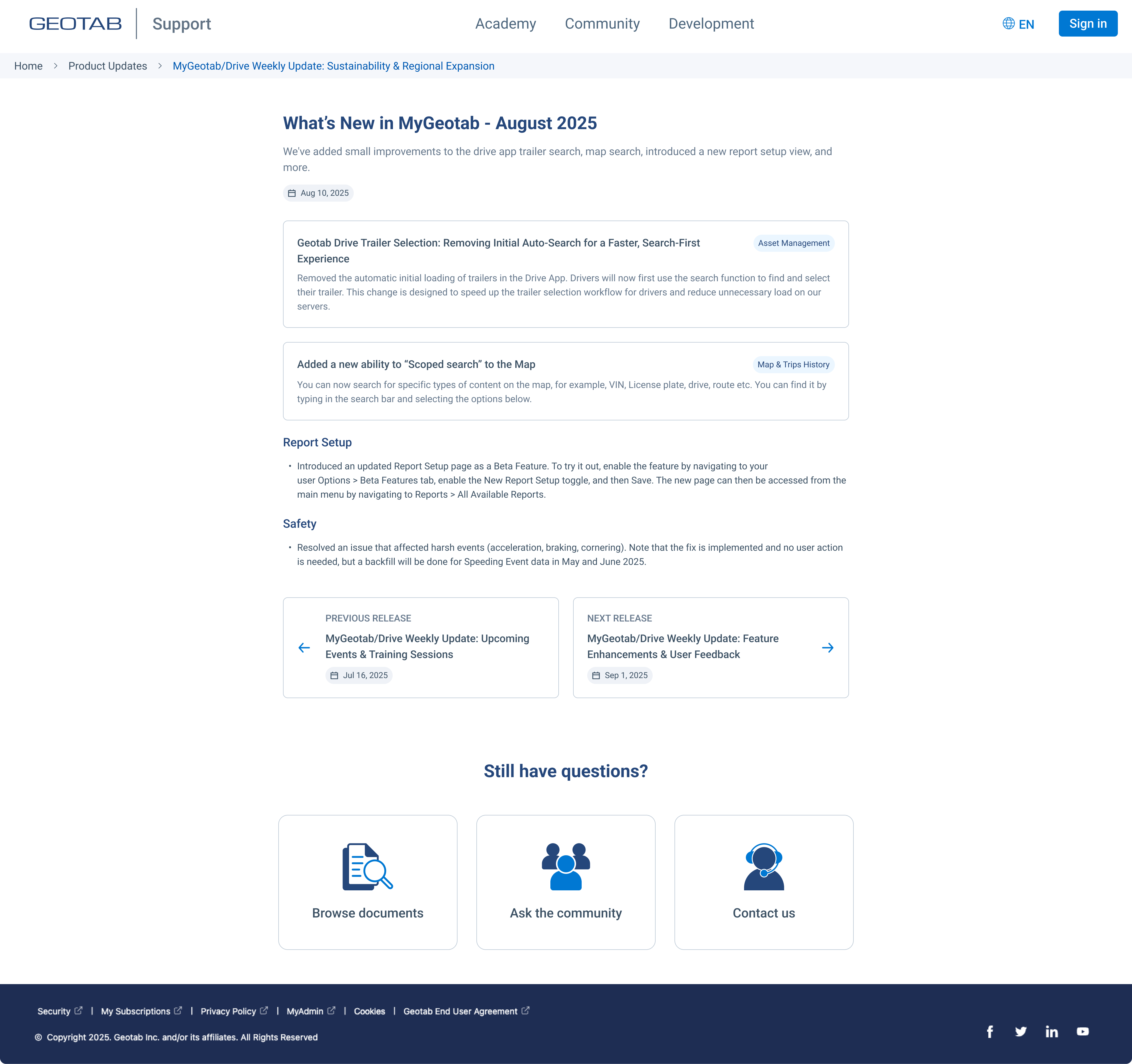 Release note summary page 'What's New in MyGeotab - August 2025' showing individual feature cards with category tags (Asset Management, Map & Trips History), previous/next release navigation, and Still have questions footer