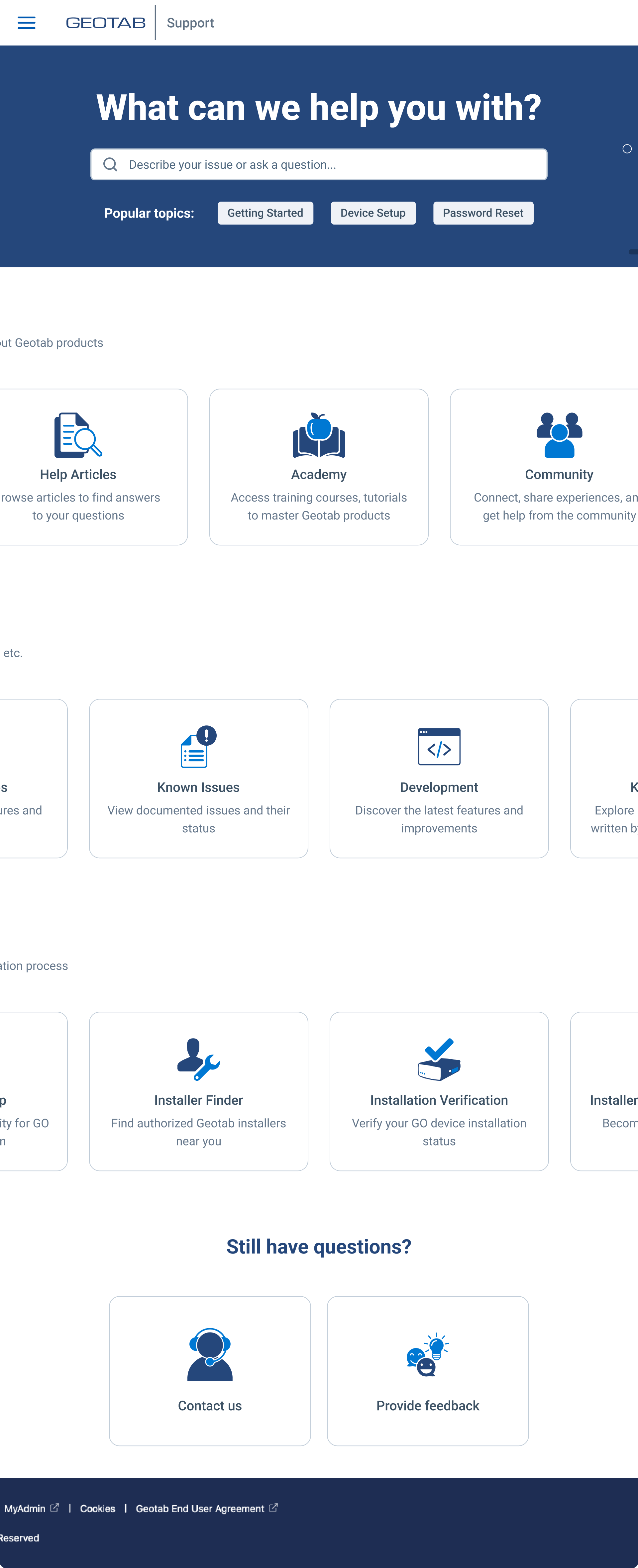 Central Support Hub homepage — launched January 2026 — showing 'What can we help you with?' hero with natural language search, popular topic pills (Getting Started, Device Setup, Password Reset), and resource navigation cards for Help Articles, Academy, Community, Known Issues, Development, and Installer tools